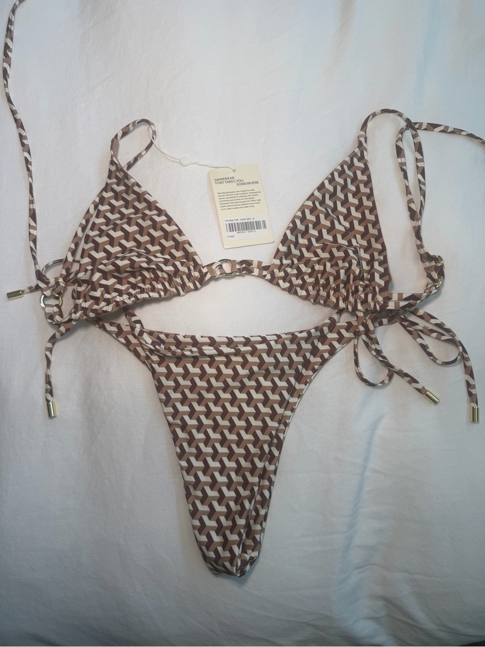 monday swimwear husk geo havana top + side tie bottoms bikini set small medium